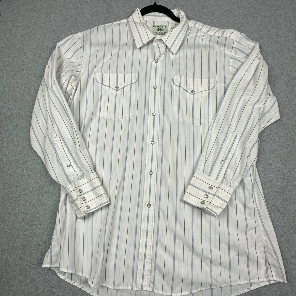 Mesquite Niver Western Wear Mens Pearl Snap Shirt White Blue Striped 17 x 34 USA